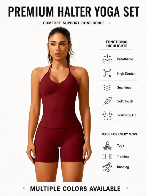 Women'S Solid Ruched Design Backless Halter Top & High Waist Shorts Tracksuit Set, Sporty Breathable Comfortable Two-Piece Outfits for Yoga Gym Workout Running